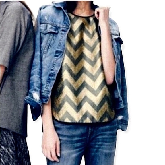 J Crew Tank Top Wool Mixed Metallic Blue Gold Gilded Chevron Shell Blouse Size 6 - Picture 2 of 11